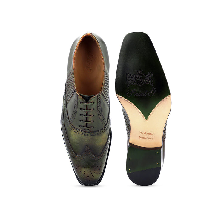 Saint Vincenzo Olive Leather Square Toe Lace Up Décor Shoes