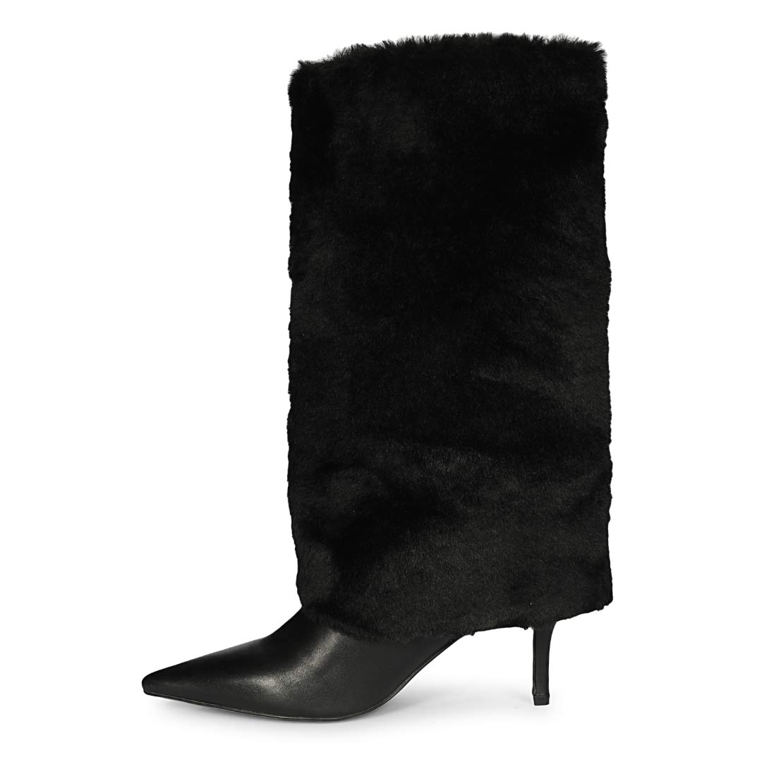 Luxury Black Leather Fur Cuff Boots