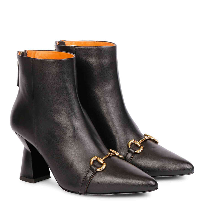 Saint Ashley Black Leather Gold Horsebit Décor Back Zip Boots