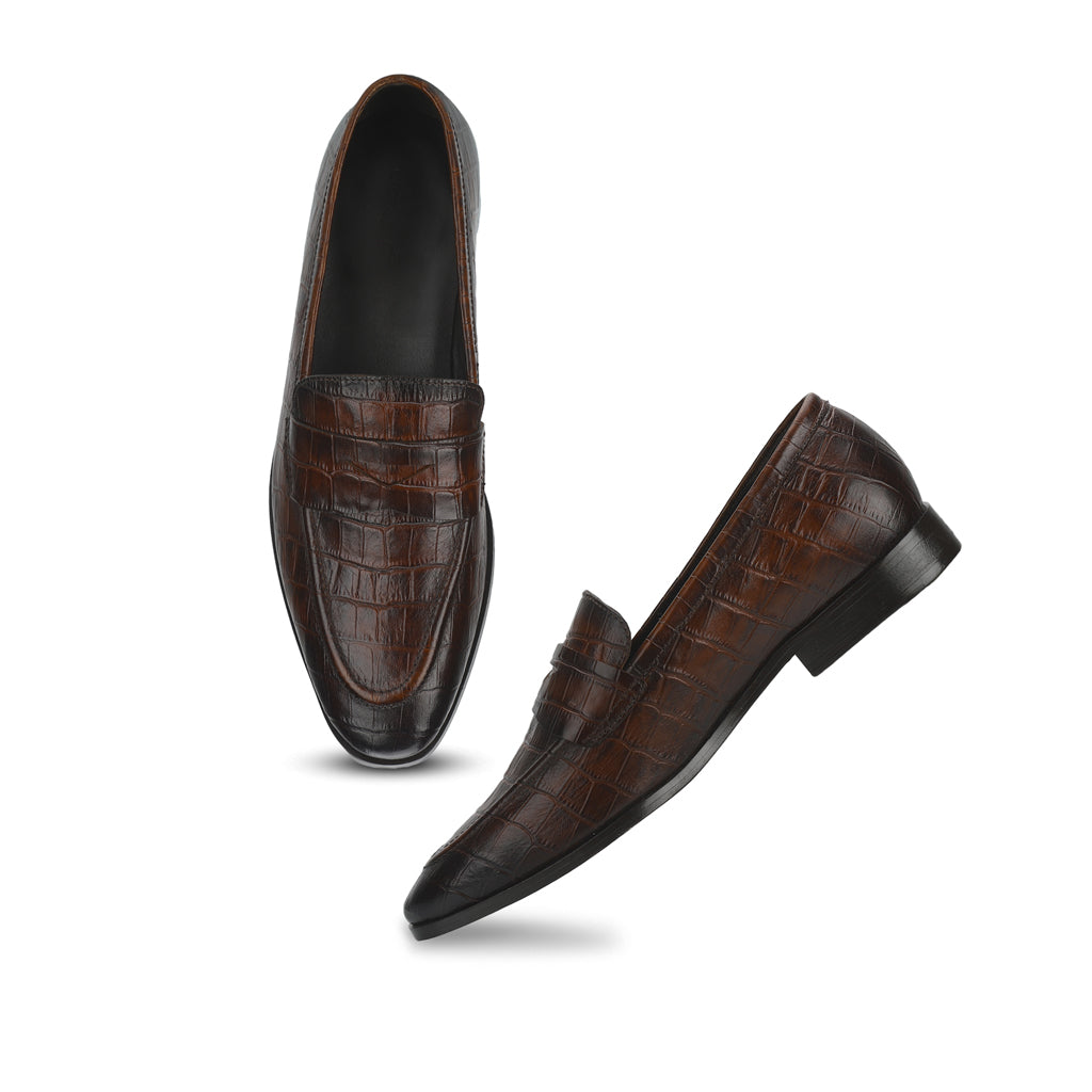Saint Ansprand  Brown Croco Embossed Leather Loafers