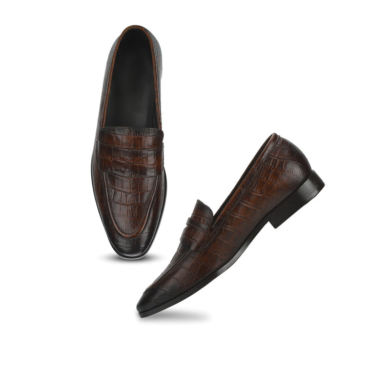 Saint Ansprand  Brown Croco Embossed Leather Loafers