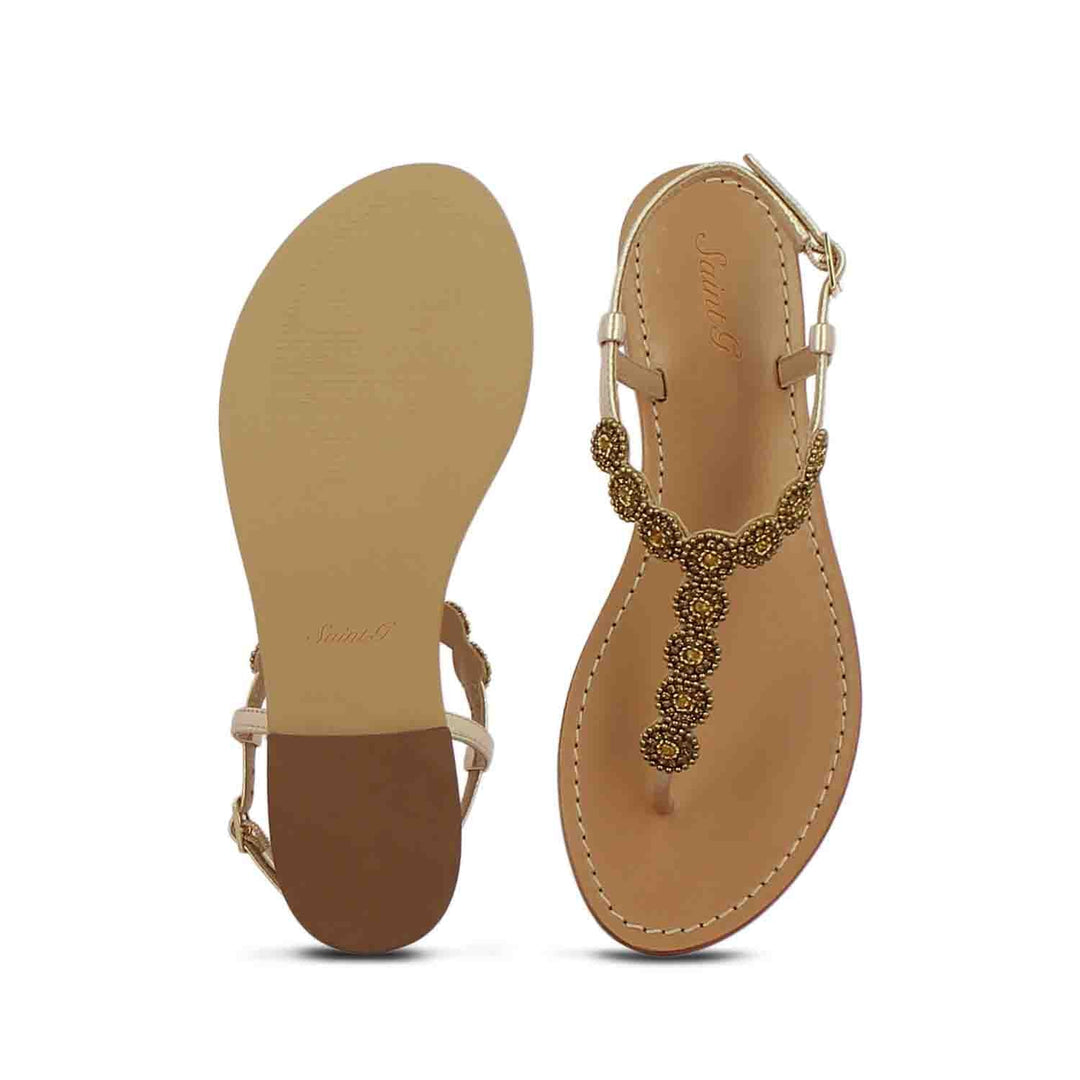 Alcina Platin Leather Gold Embroidered Flat Sandals - Elegant, comfortable footwear with intricate embroidery for a stylish and luxurious look