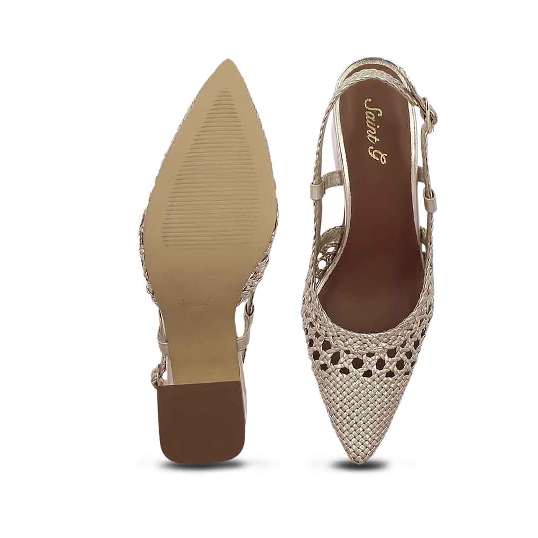 Saint Delaney Platin: Handwoven leather block heels, elegant and stylish footwear for a sophisticated look