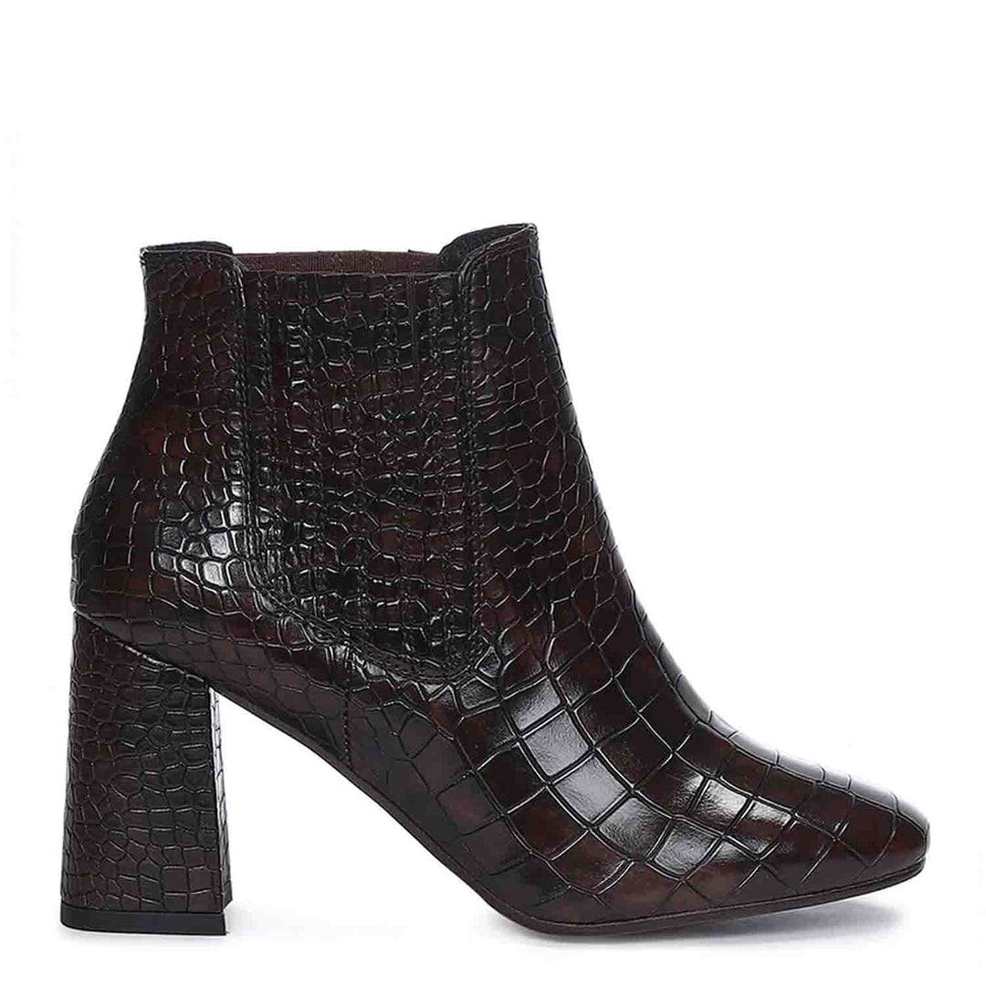 Saint Milana Brown Croco Embossed Vegan Leather Ankle Boots - SaintG India