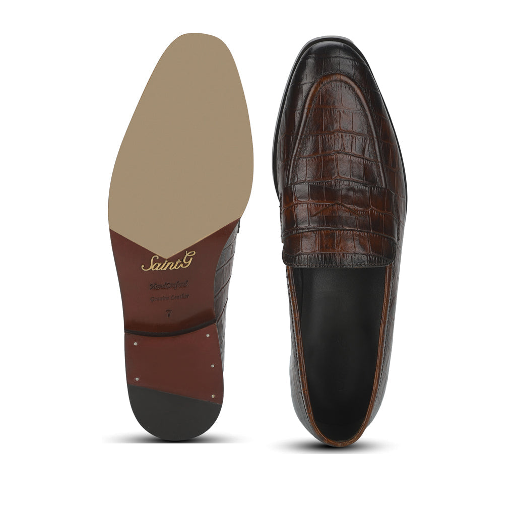 Saint Ansprand  Brown Croco Embossed Leather Loafers