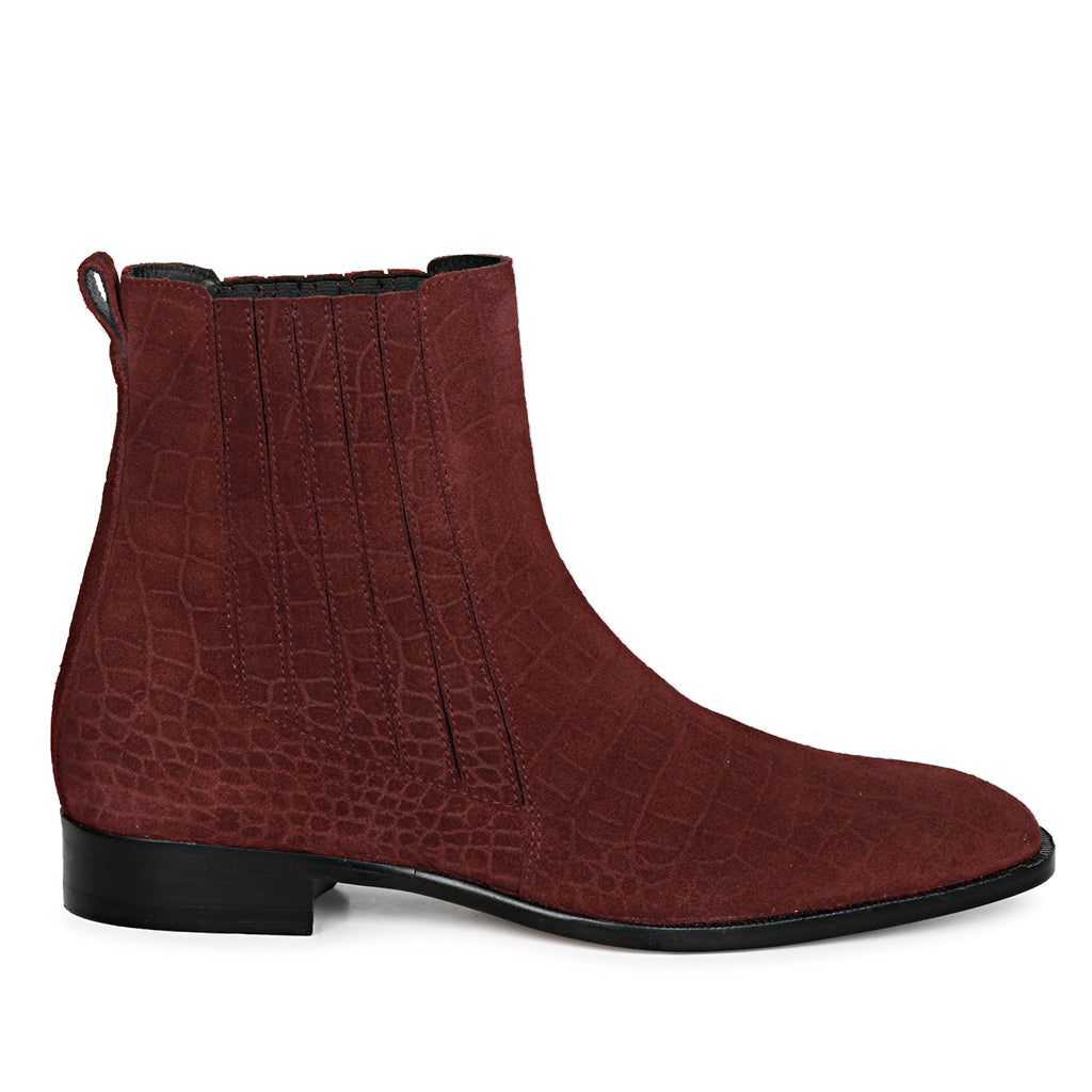 Burgundy Croco Print Suede Leather Chelsea boot for men