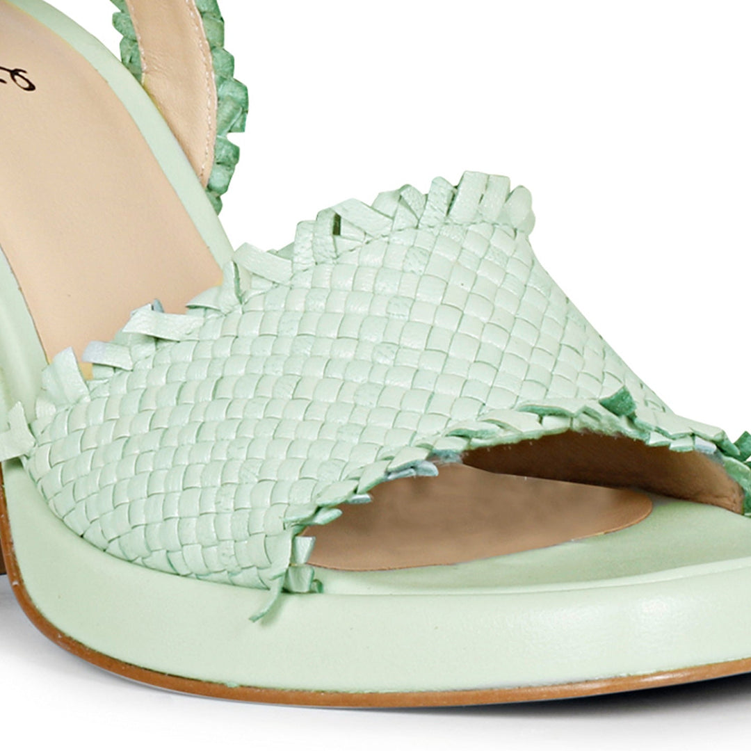 Saint Hannah's Block Heels: Aqua elegance in woven leather