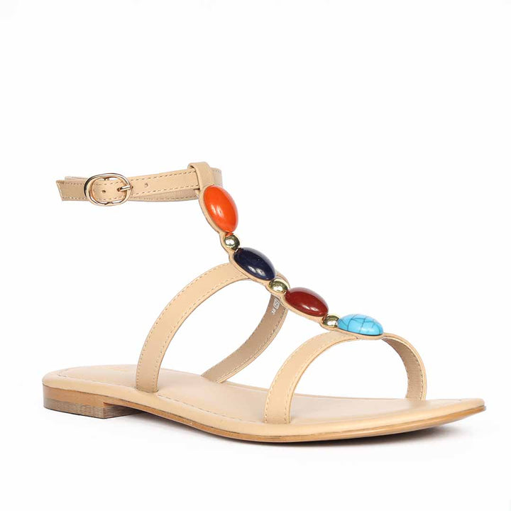Saint Tyas Multi Stone Beige Leather Sandals