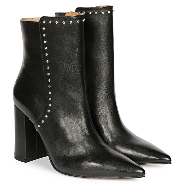 Block Heel Boots, Black Leather, Saint Fia