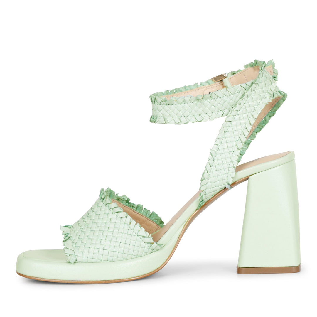 Saint Hannah's Block Heels: Aqua elegance in woven leather