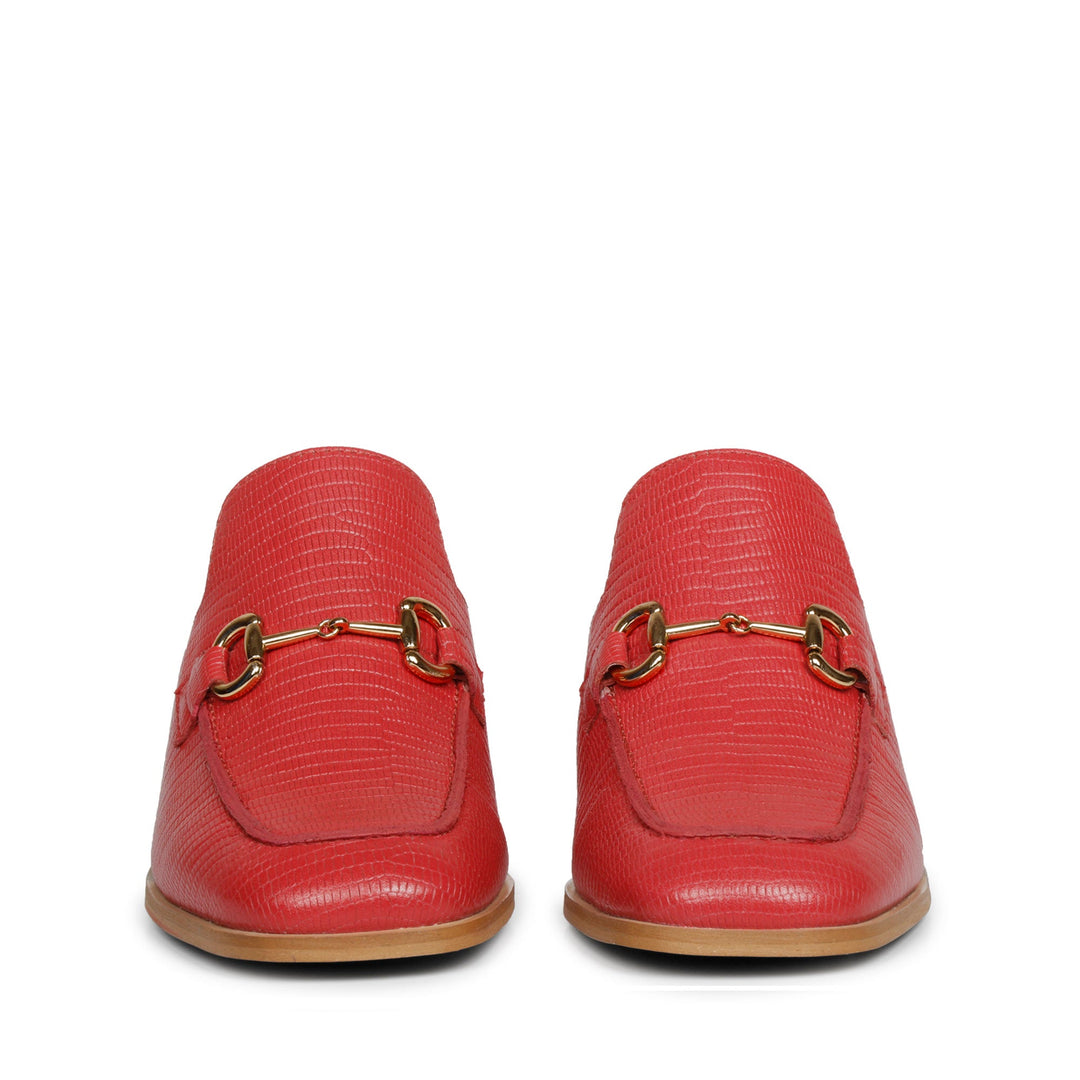 Step out in confidence with Saint Jasmine's red lizard moccasins, a perfect blend of fashion and comfort