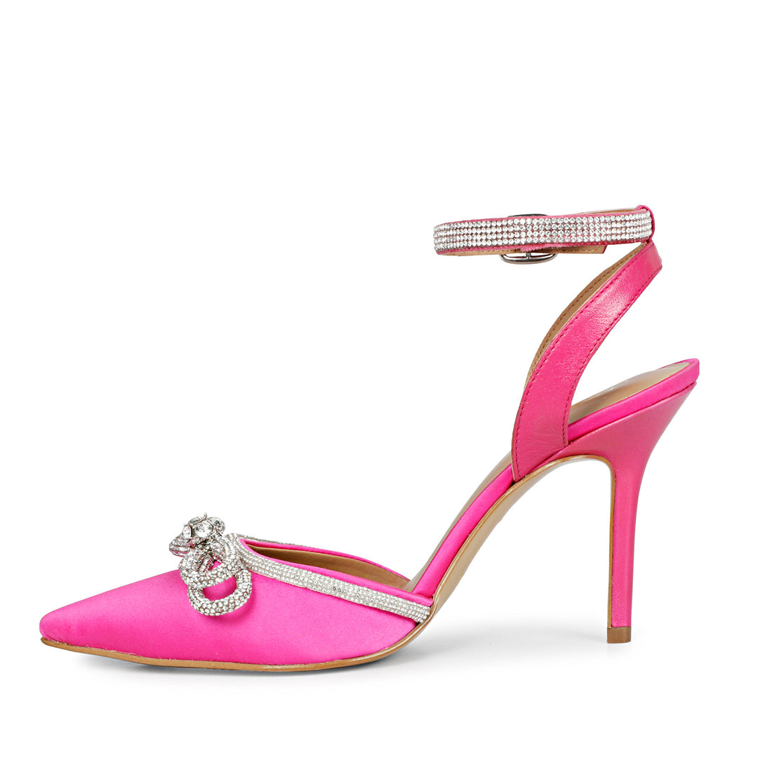 Saint Kylie Silver Stone Studded Bow Hot Pink Leather Stilettos