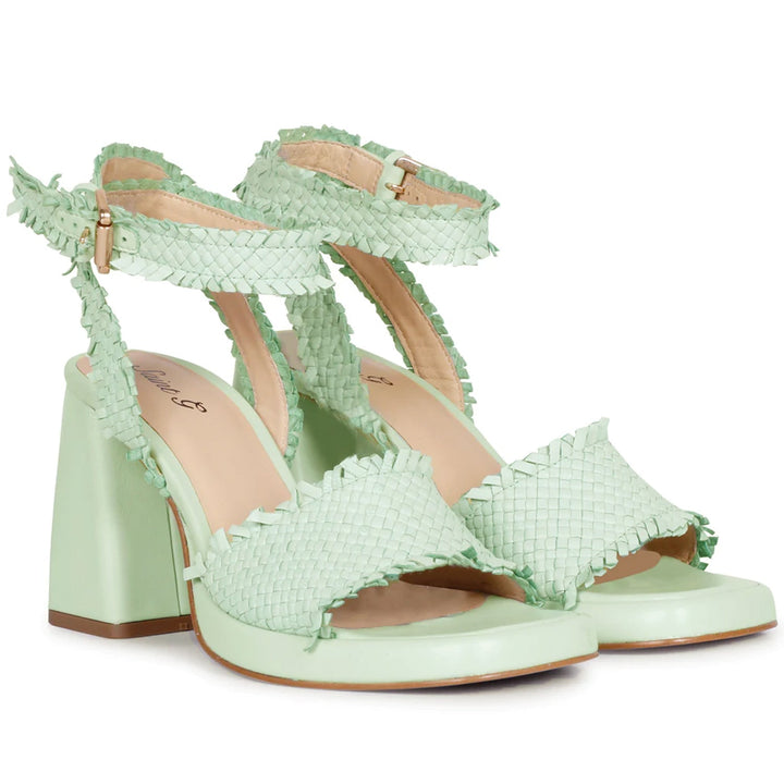 Saint Hannah's Block Heels: Aqua elegance in woven leather