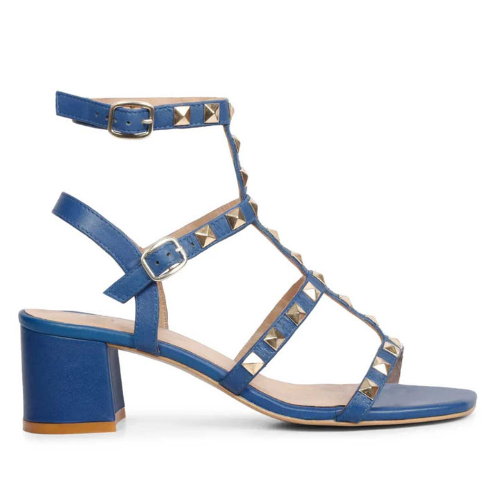 Saint Angela Blue Leather Metal Studded Block Heels.