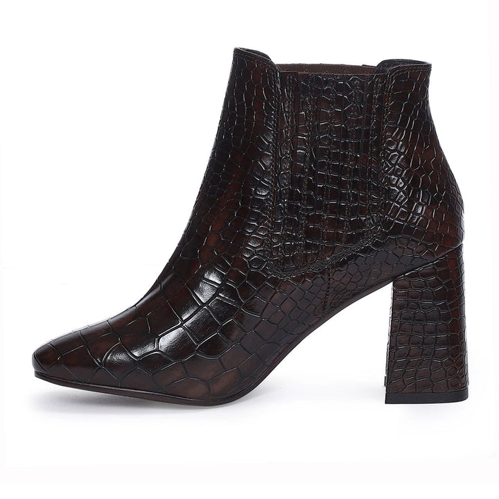 Saint Milana Brown Croco Embossed Vegan Leather Ankle Boots - SaintG India