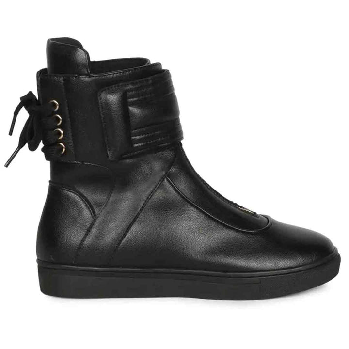 Saint Gabriella Black Leather Front Zipper Round Toe Heel Sneakers