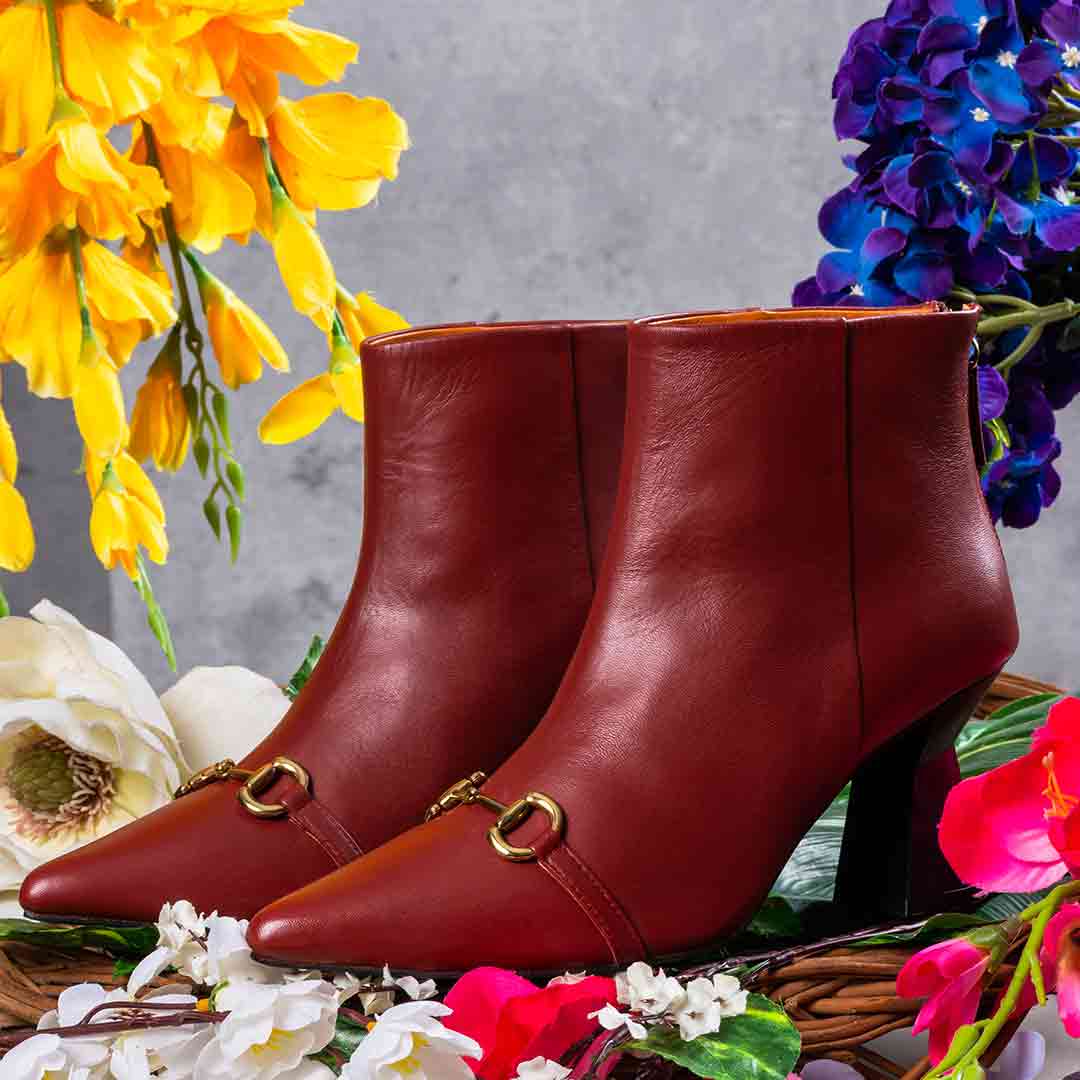 Saint Ashley Rust Leather Gold Horsebit Décor Back Zip Boots