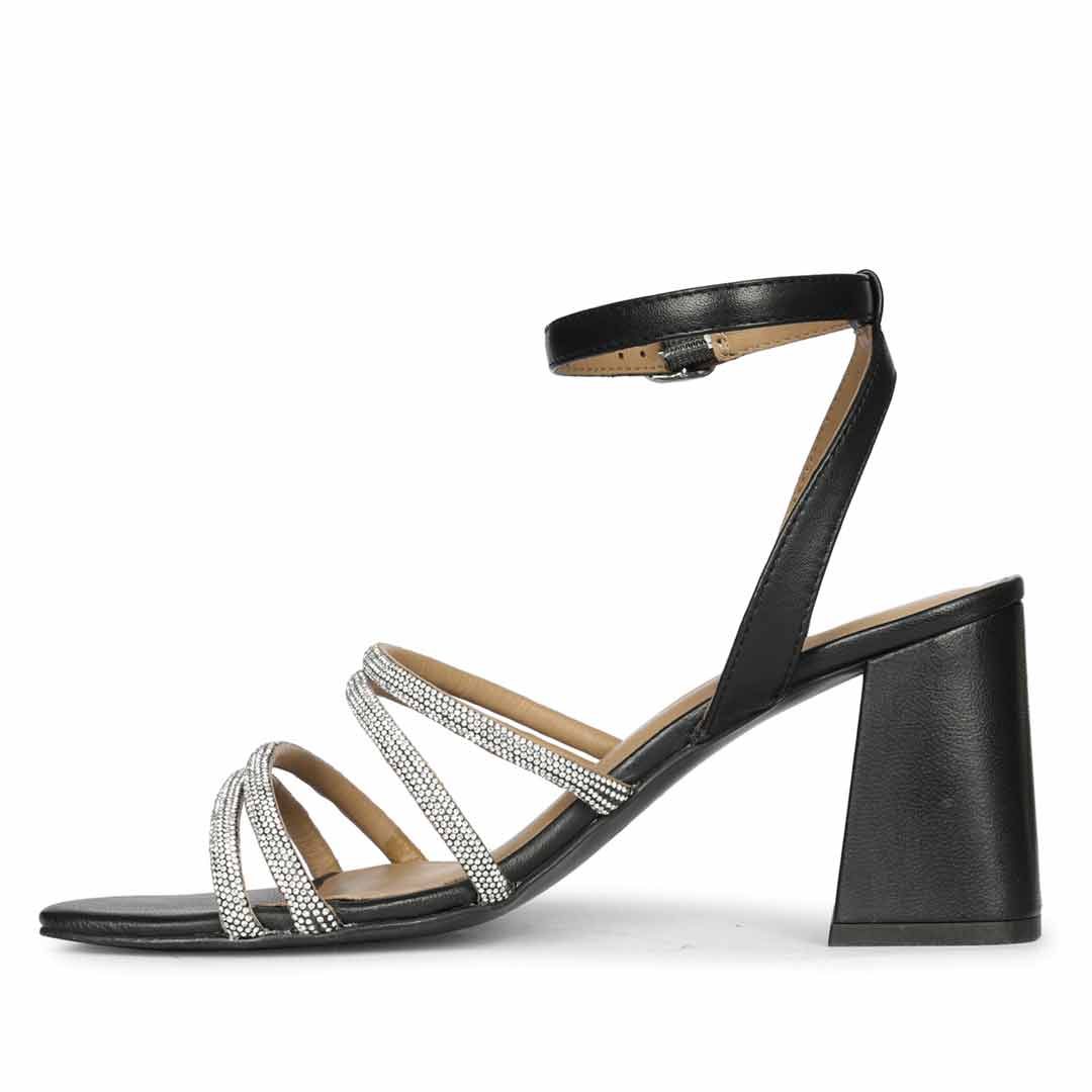 Elegant Platin Leather Block Heels with Crystal Jewel Details