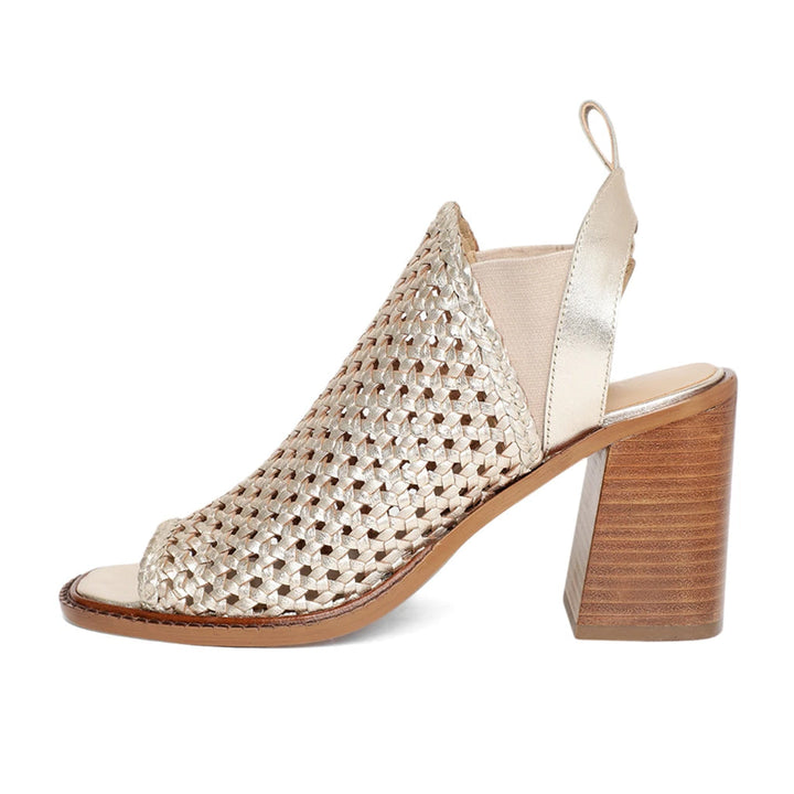 Saint Bella Gold Woven Leather Block Heels: Elegant and chic heels with intricate woven leather design