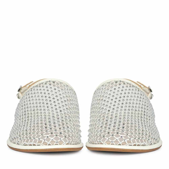 Saint Elira Strass Embellished White Mesh & Leather Flats