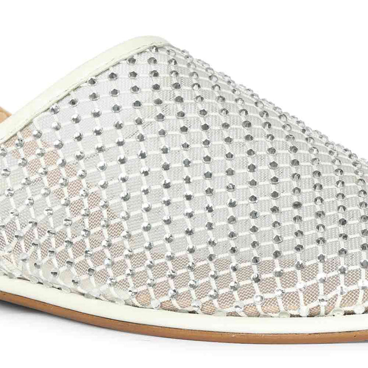 Saint Elira Strass Embellished White Mesh & Leather Flats