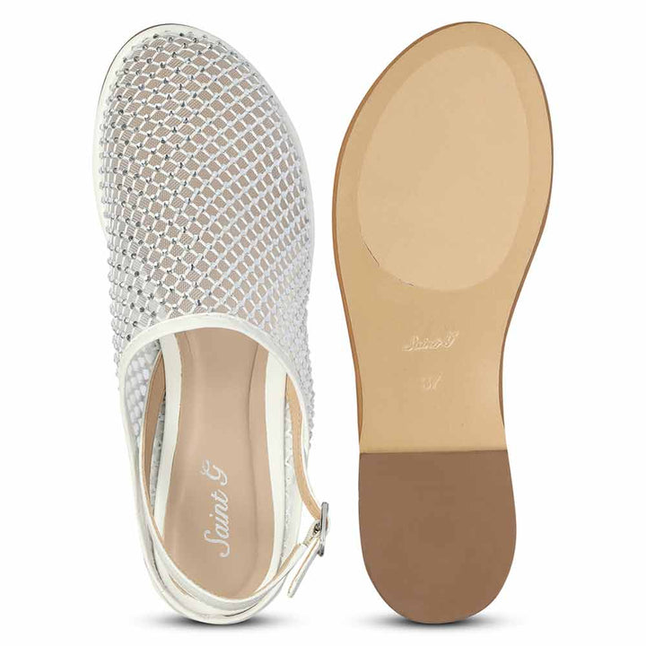 Saint Elira Strass Embellished White Mesh & Leather Flats
