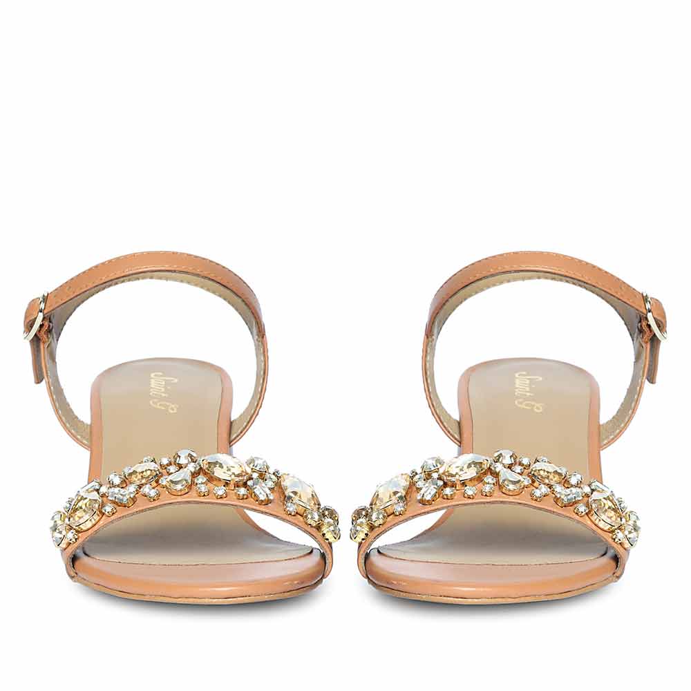 Saint Ella Stones Embellished Tan Leather Block Heels
