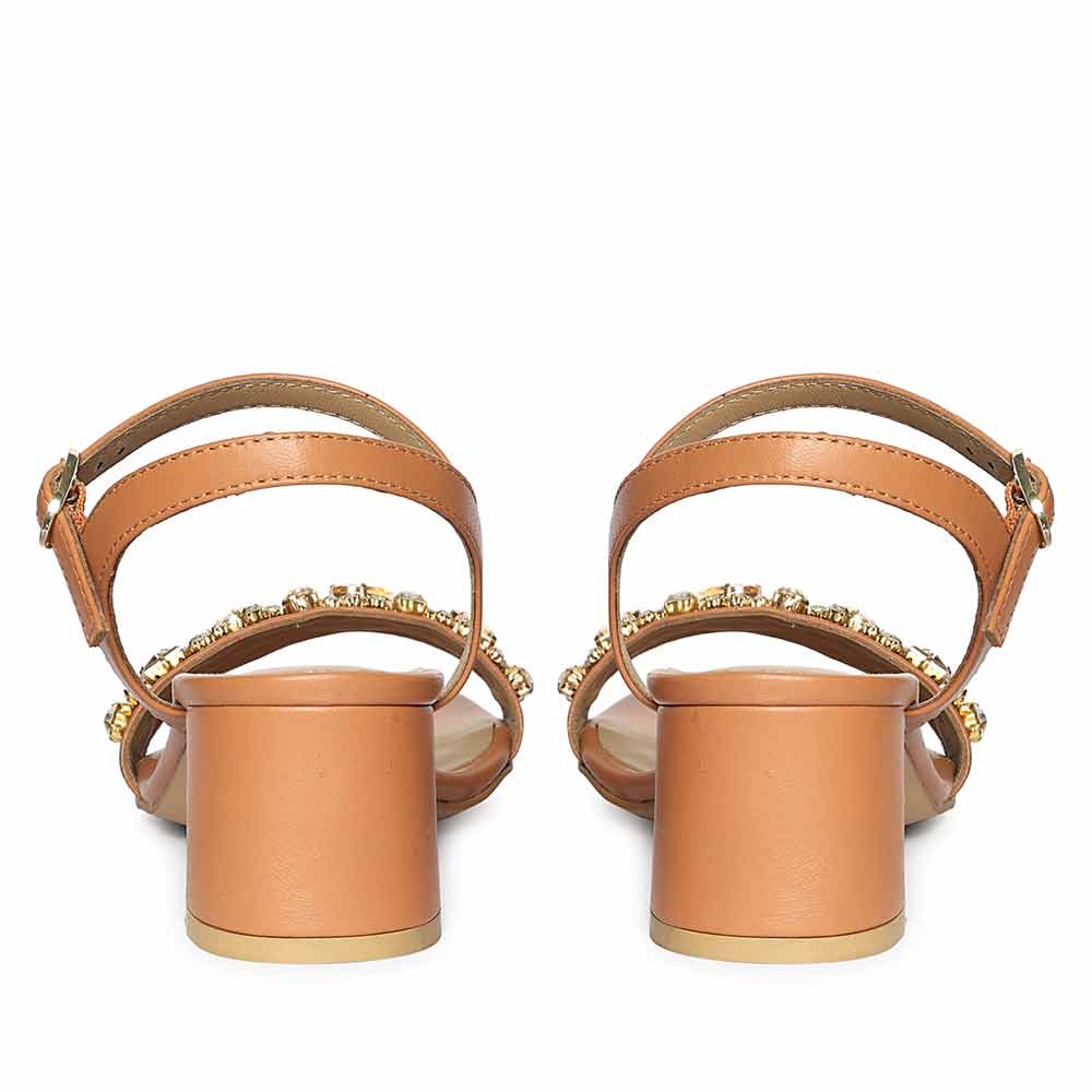 Saint Ella Stones Embellished Tan Leather Block Heels