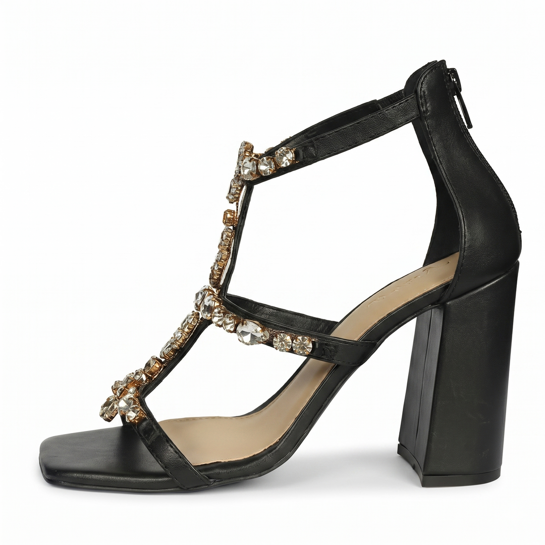 Saint Holly Crystal Stone Black Leather Block Heels