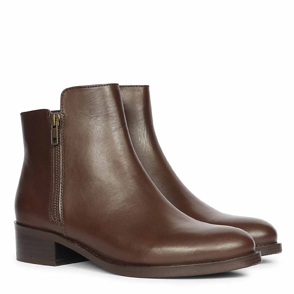 Imelda Brown Leather Side Zipper Ankle Boots