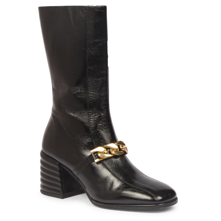 Sleek and stylish Saint Laoise black distressed leather high ankle boots for a bold and fashionable statement. Elevate your look with these chic boots.