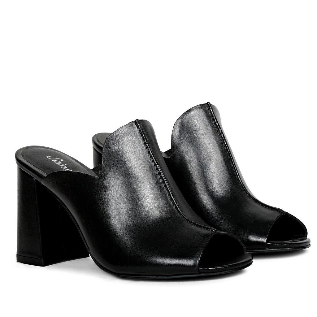 Saint Amor Black Leather Block Heel Mules.