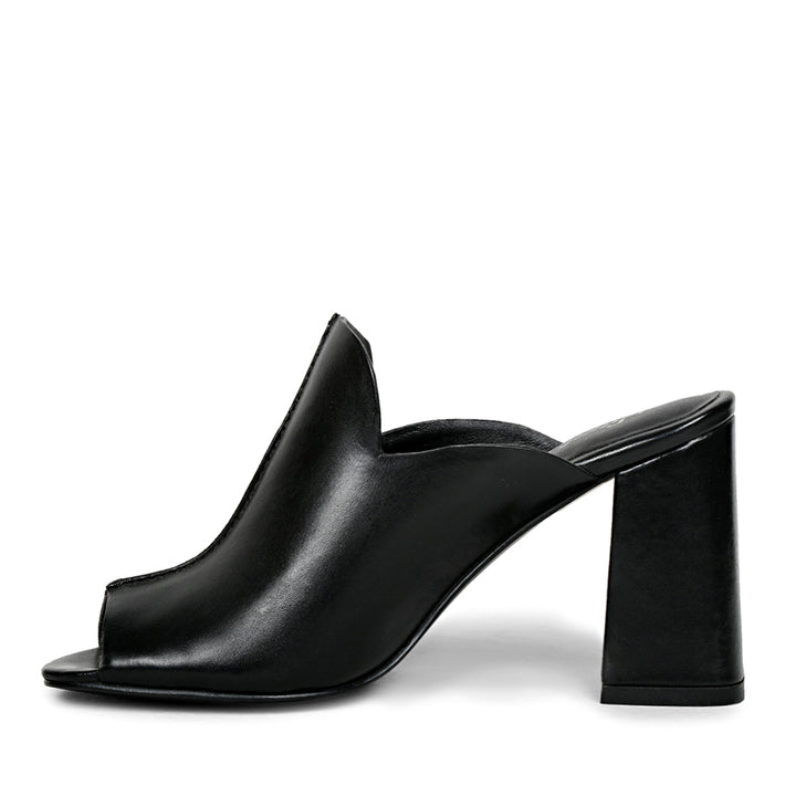 Amor Black Leather Block Heel Mules