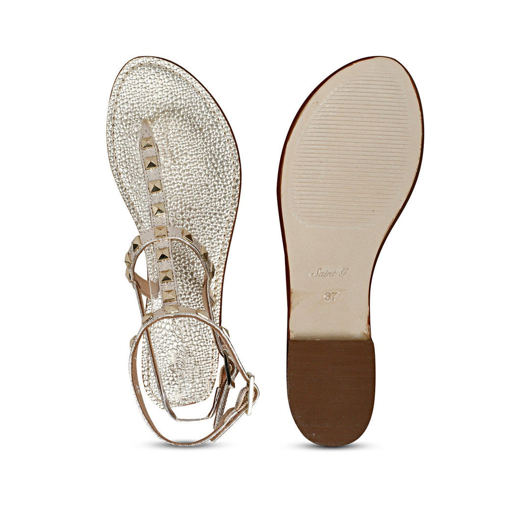 Chic Saint Irene Platin Leather Sandals with Metal Studs - Stylish and comfortable flat sandals for a fashion-forward look