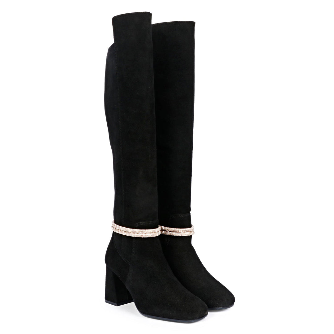 Saint Lumina Golden Cord String Black Leather Knee High Boots