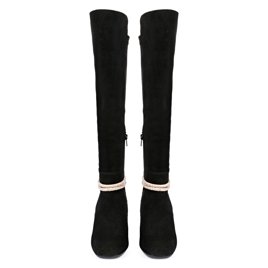 Saint Lumina Golden Cord String Black Leather Knee High Boots