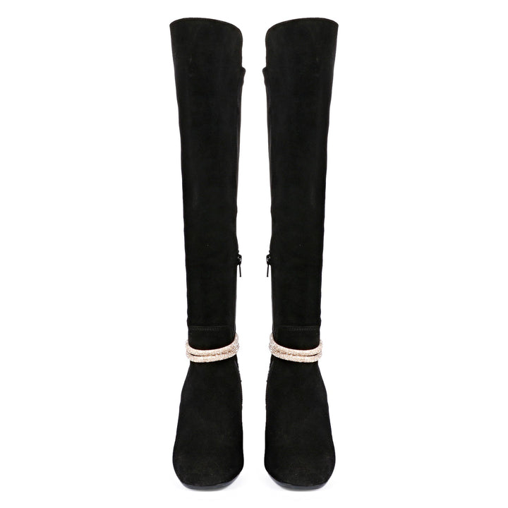 Saint Lumina Golden Cord String Black Leather Knee High Boots