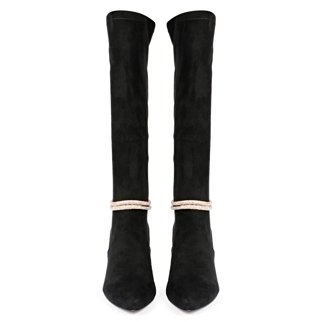 Saint Lumina Golden Cord String Black Stretch Suede Long Boots