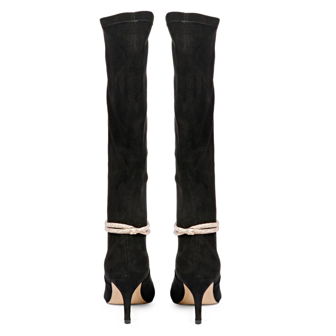 Saint Lumina Golden Cord String Black Stretch Suede Long Boots