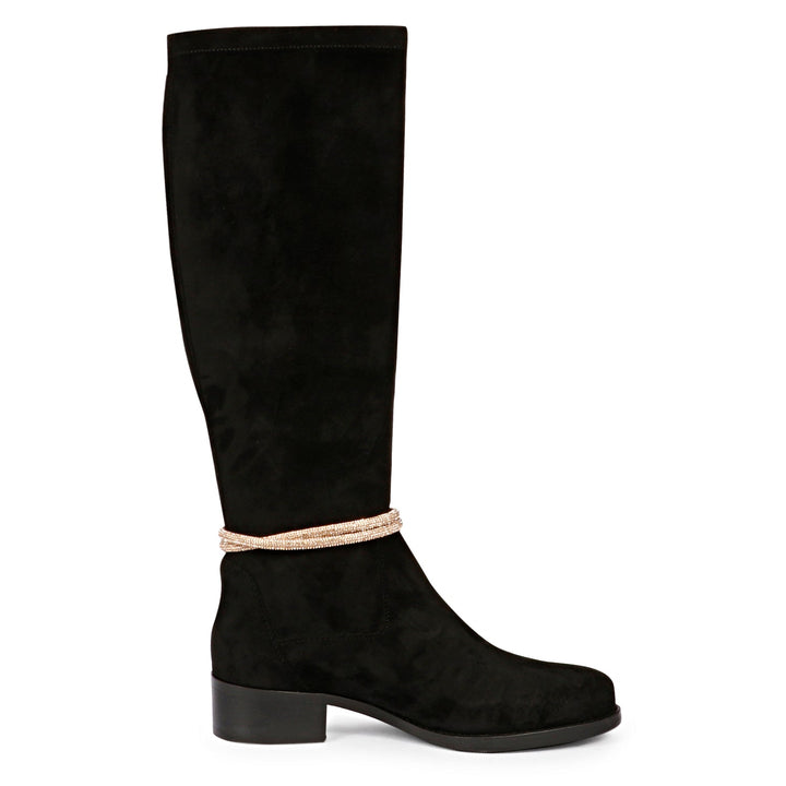 Saint Marisa Golden Cord String Black Stretch Suede Long Boots