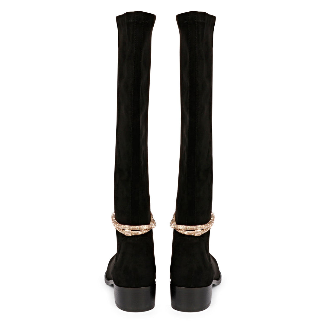 Saint Marisa Golden Cord String Black Stretch Suede Long Boots