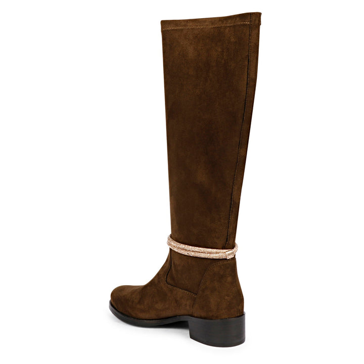 Saint Marisa Golden Cord String Brown Stretch Suede Long Boots