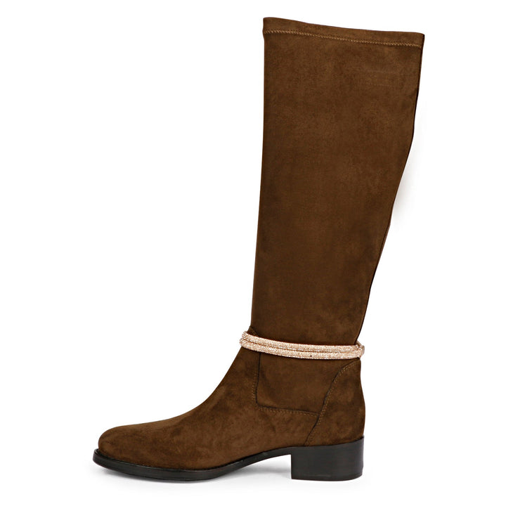 Saint Marisa Golden Cord String Brown Stretch Suede Long Boots