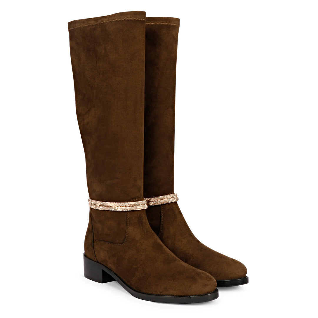 Saint Marisa Golden Cord String Brown Stretch Suede Long Boots