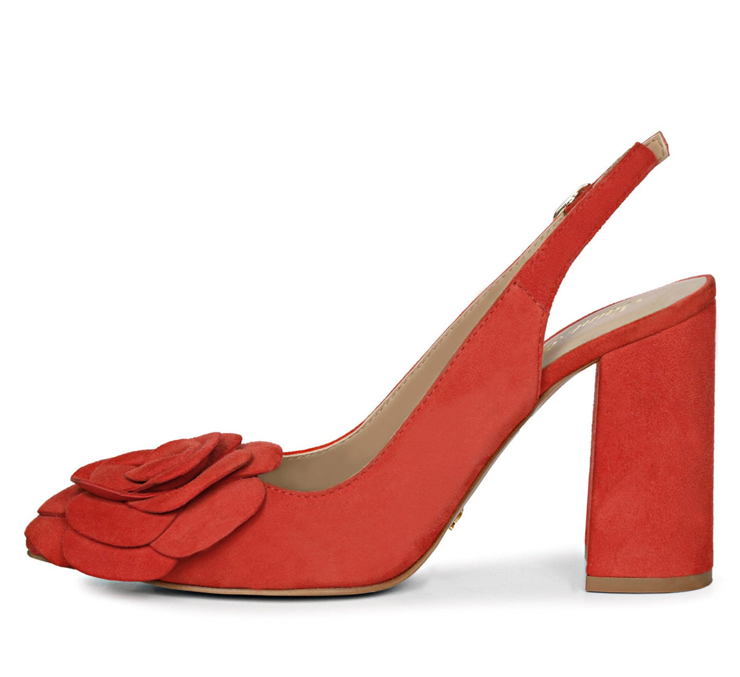 Red suede leather heels with floral embellishments - Saint Naiya's elegant statement footwear