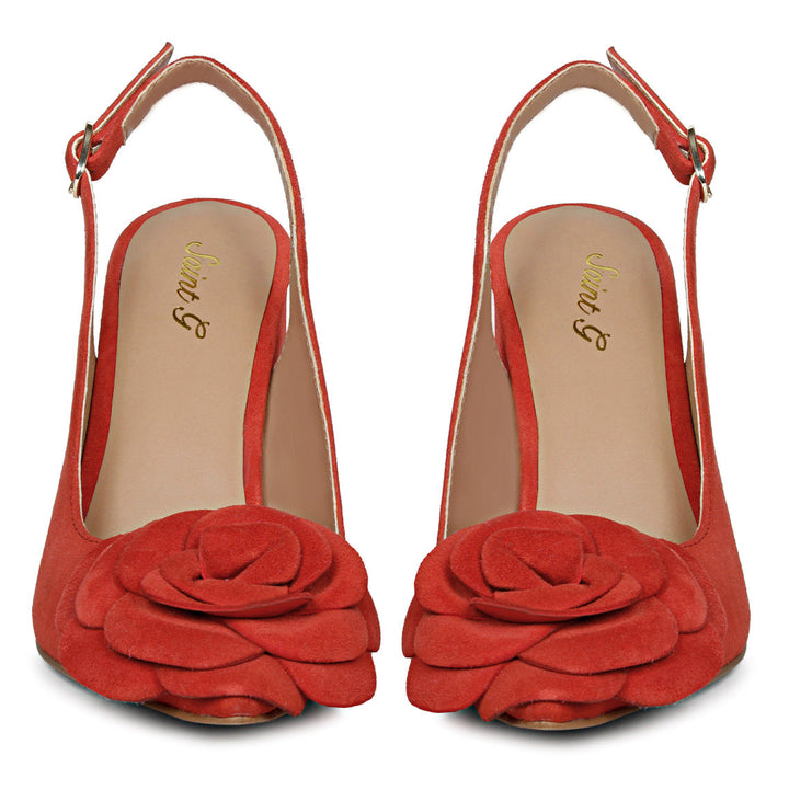 Red suede leather heels with floral embellishments - Saint Naiya's elegant statement footwear