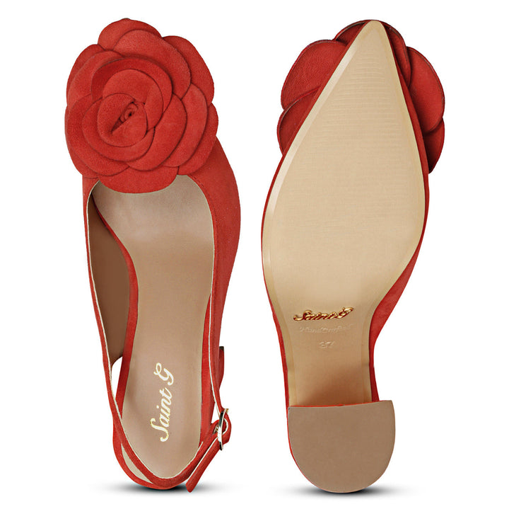 Red suede leather heels with floral embellishments - Saint Naiya's elegant statement footwear