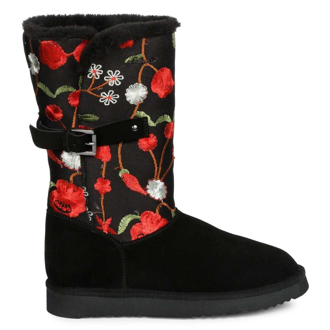 Saint Gloire Buckle Décor Boots - Floral Embroidery, Snug Fit, Fashionable Style