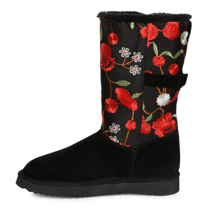 Saint Gloire Buckle Décor Boots - Floral Embroidery, Snug Fit, Fashionable Style