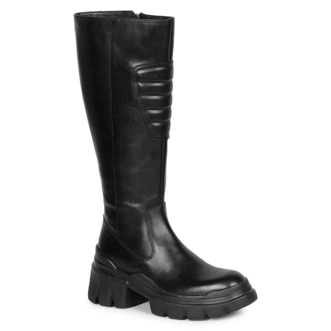 Eloïse Black Leather Lug Sole Long Boots